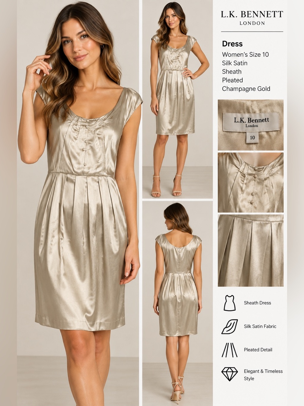 L.K. Bennett London Dress womens Sz 10 Silk satin sheath pleated champagne Gold‎